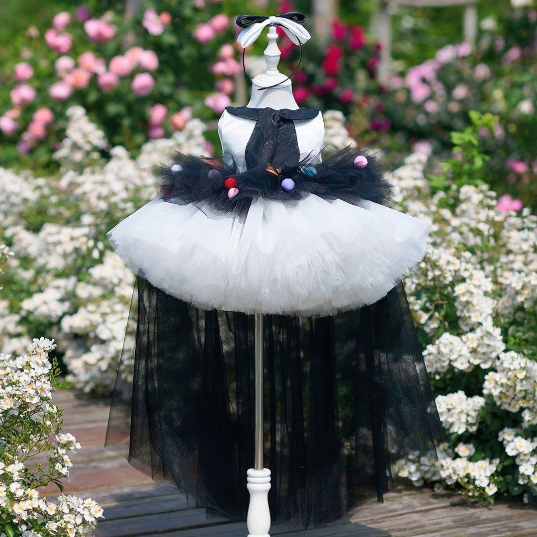Boutique Black and White Flower Girl Dress with Colorful Pom Poms Girl DreamyVow Boutique Black and White Flower Girl Dress with Colorful Pom Poms Girl DreamyVow