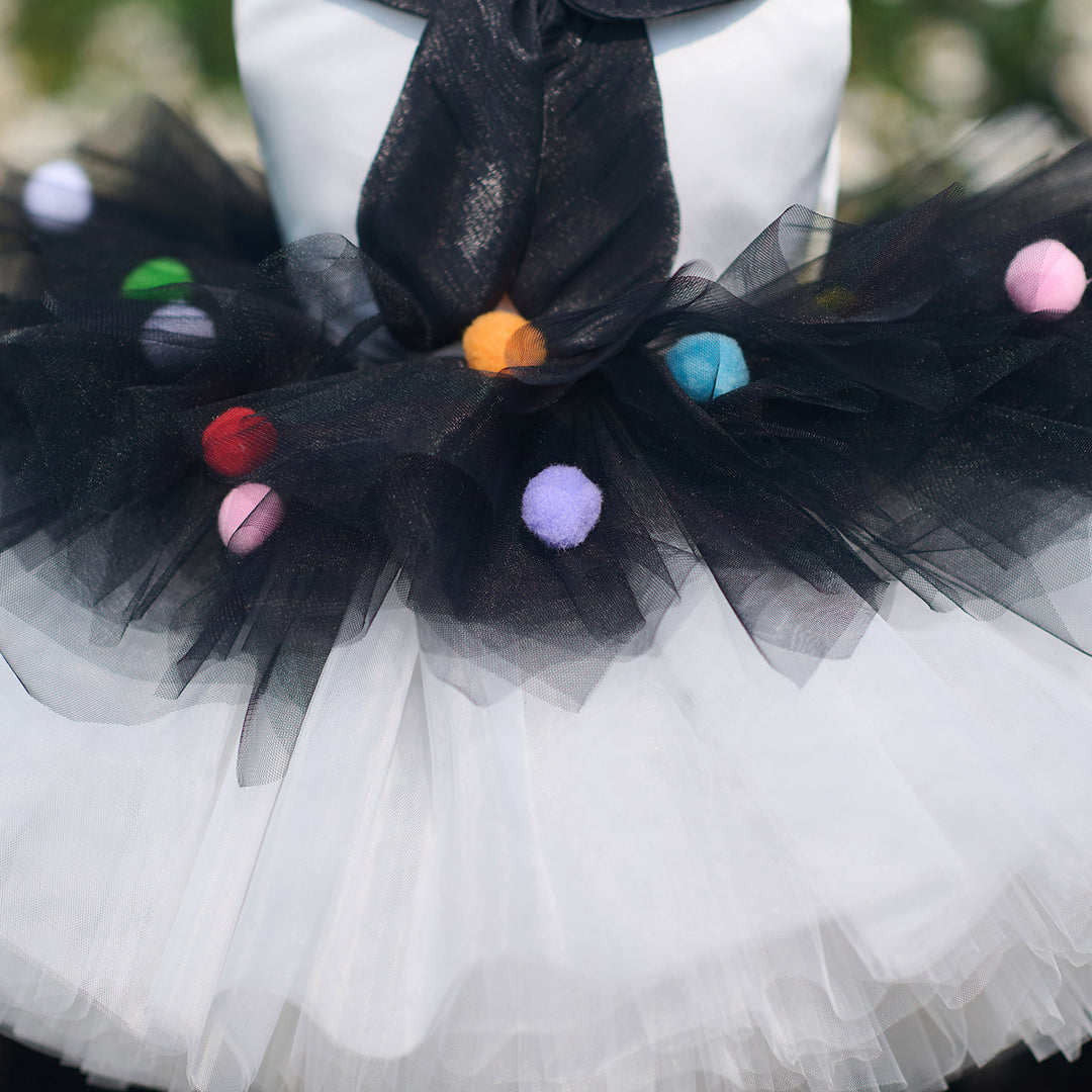 Boutique Black and White Flower Girl Dress with Colorful Pom Poms  Girls High Low Tulle Birthday Dress J905