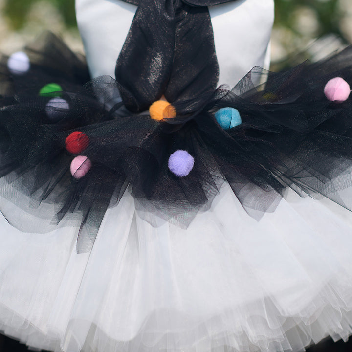 Boutique Black and White Flower Girl Dress with Colorful Pom Poms  Girls High Low Tulle Birthday Dress J905