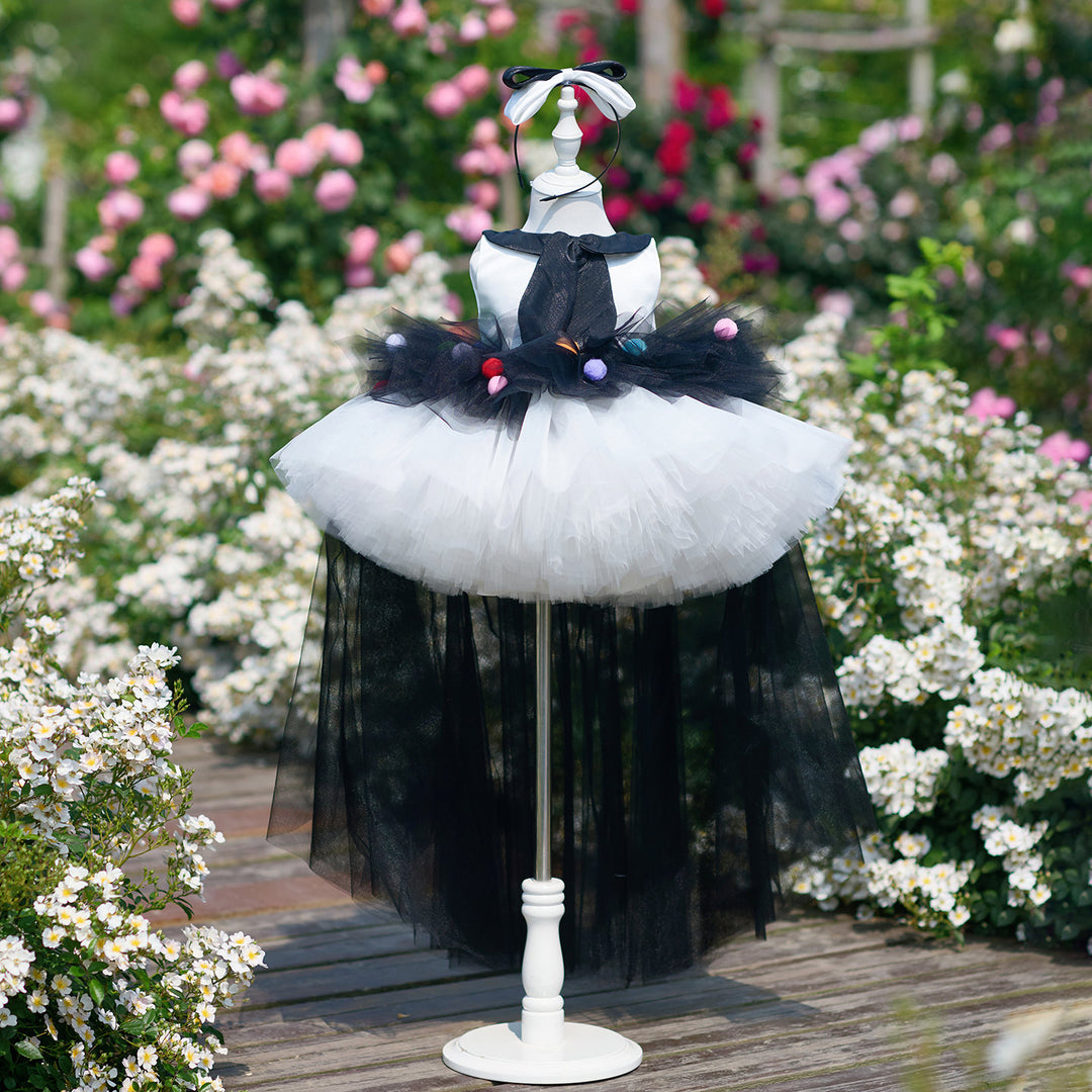 Boutique Black and White Flower Girl Dress with Colorful Pom Poms Girl –  DreamyVow