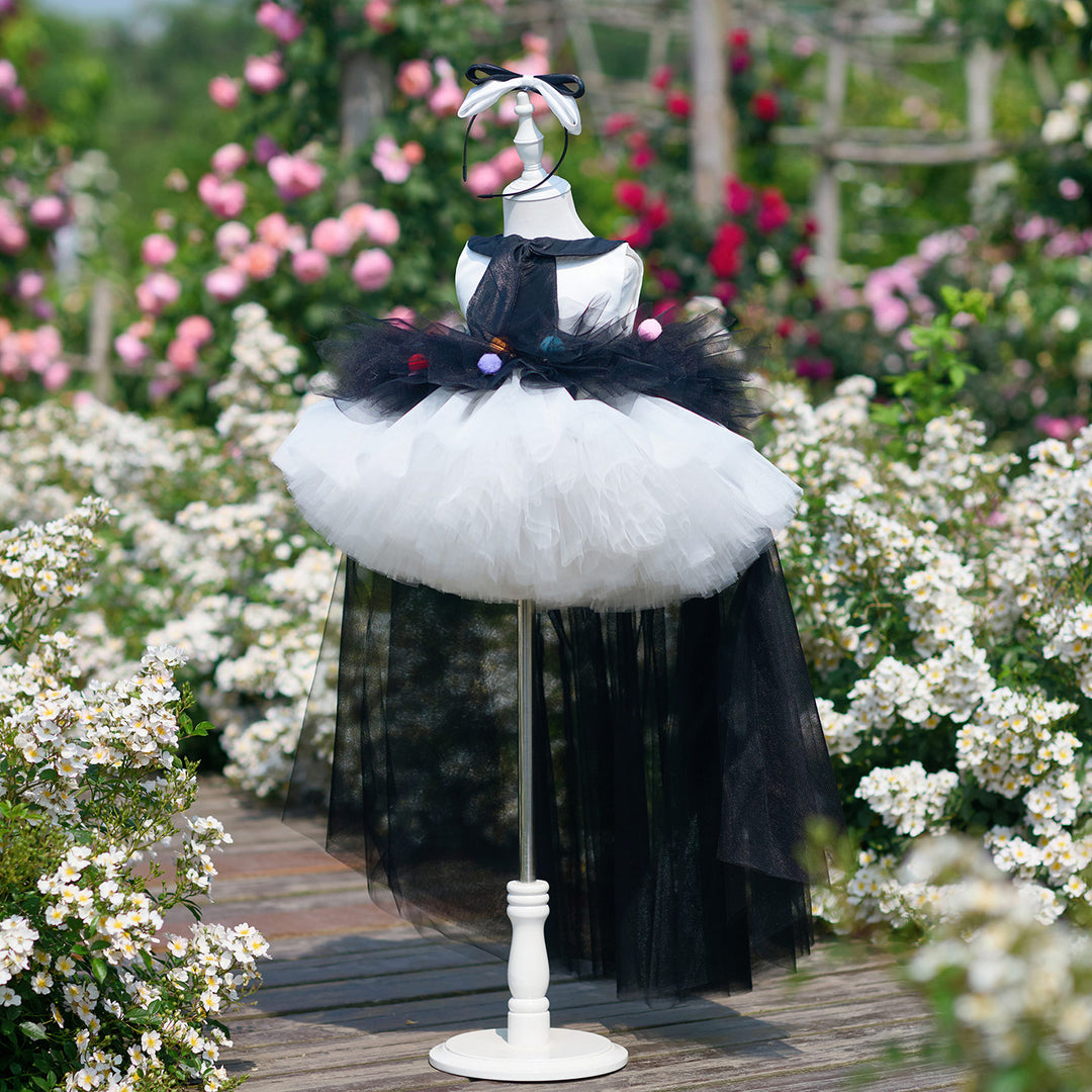 Boutique Black and White Flower Girl Dress with Colorful Pom Poms  Girls High Low Tulle Birthday Dress J905
