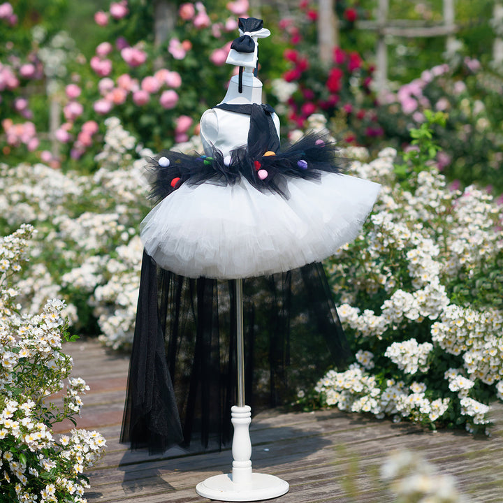 Boutique Black and White Flower Girl Dress with Colorful Pom Poms  Girls High Low Tulle Birthday Dress J905