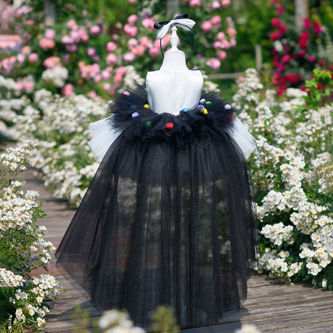 black dress with cleavage Boutique Black and White Flower Girl Dress with Colorful Pom Poms Girl –  DreamyVow