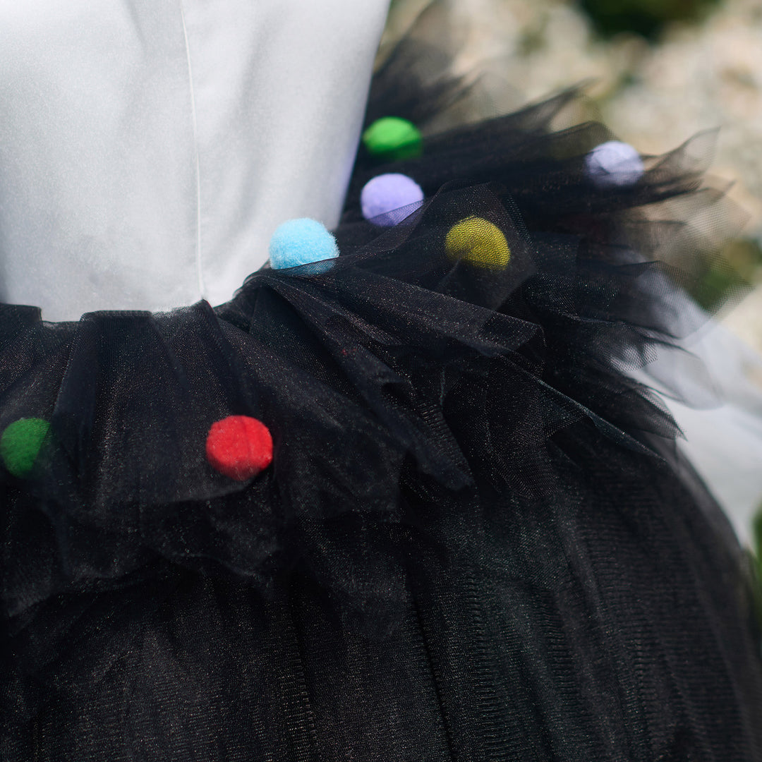 Boutique Black and White Flower Girl Dress with Colorful Pom Poms  Girls High Low Tulle Birthday Dress J905