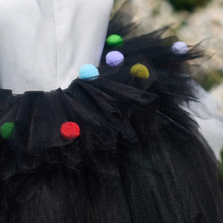 Boutique Black and White Flower Girl Dress with Colorful Pom Poms  Girls High Low Tulle Birthday Dress J905