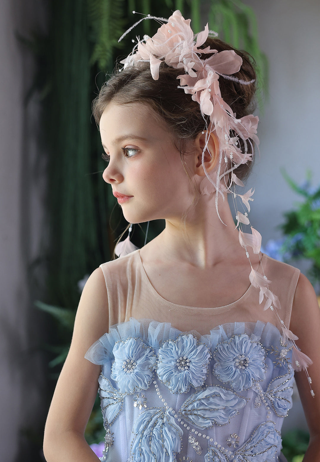 Luxury Blue and Pink Embroidered Tulle Flower Girl Dress with Ruffle Hem J414
