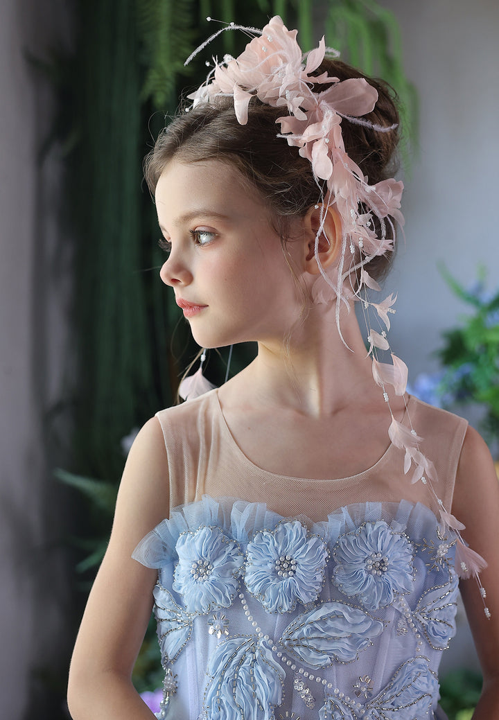 Luxury Blue and Pink Embroidered Tulle Flower Girl Dress with Ruffle Hem J414