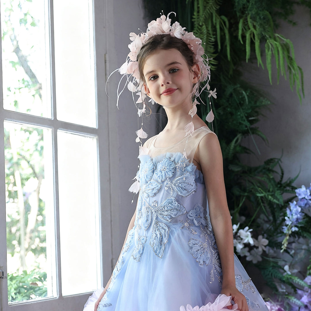Luxury Blue and Pink Embroidered Tulle Flower Girl Dress with Ruffle Hem J414