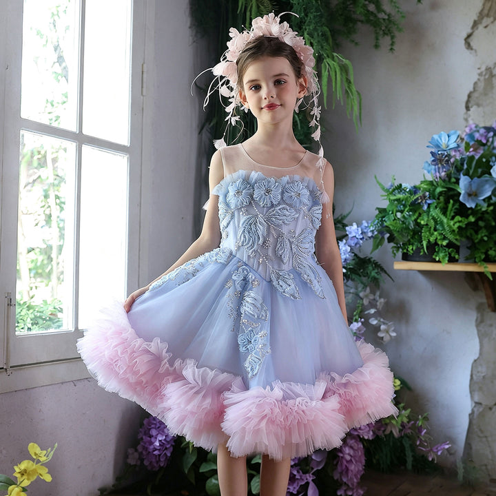 Luxury Blue and Pink Embroidered Tulle Flower Girl Dress with Ruffle Hem J414