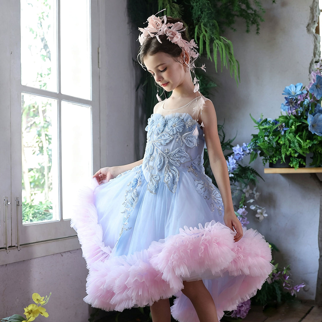 Luxury Blue and Pink Embroidered Tulle Flower Girl Dress with Ruffle Hem J414