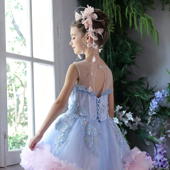 Luxury Blue and Pink Embroidered Tulle Flower Girl Dress with Ruffle Hem J414
