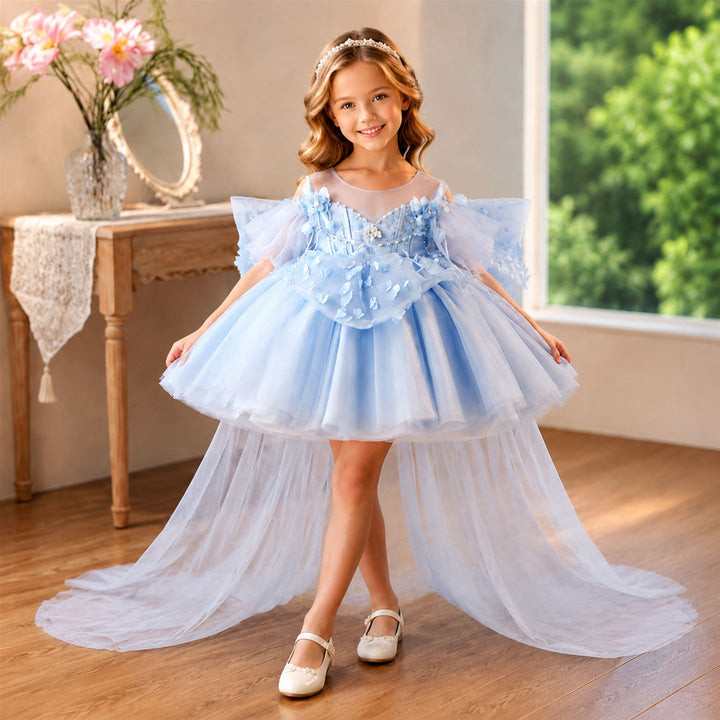 Luxury Blue 3D Floral Tulle Flower Girl Dress with Detachable Train D293B