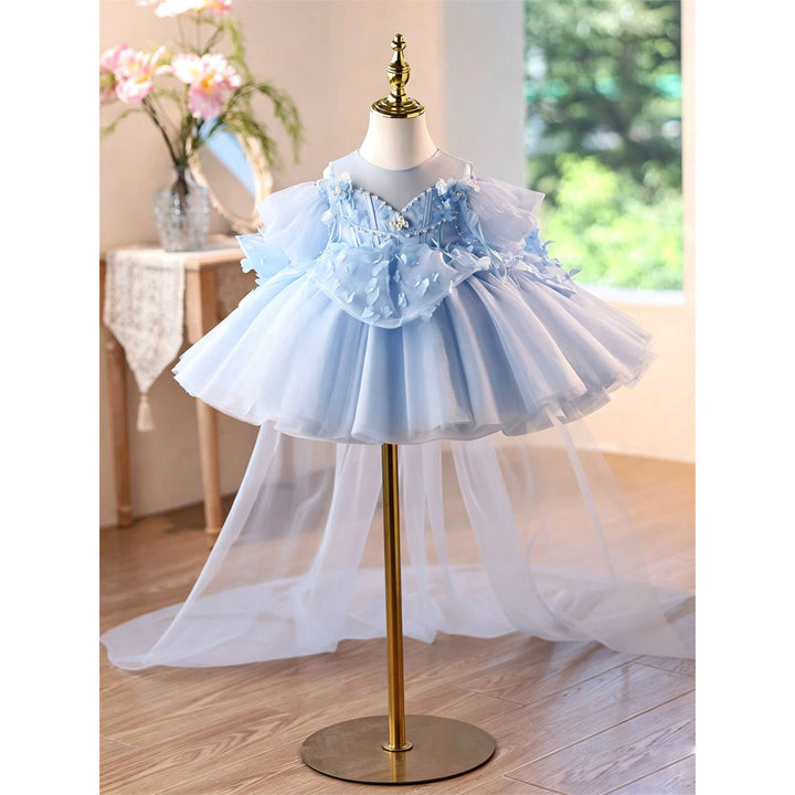 Luxury Blue 3D Floral Tulle Flower Girl Dress with Detachable Train D293B