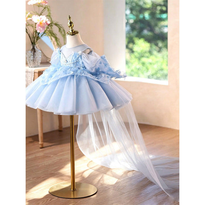 Luxury Blue 3D Floral Tulle Flower Girl Dress with Detachable Train D293B