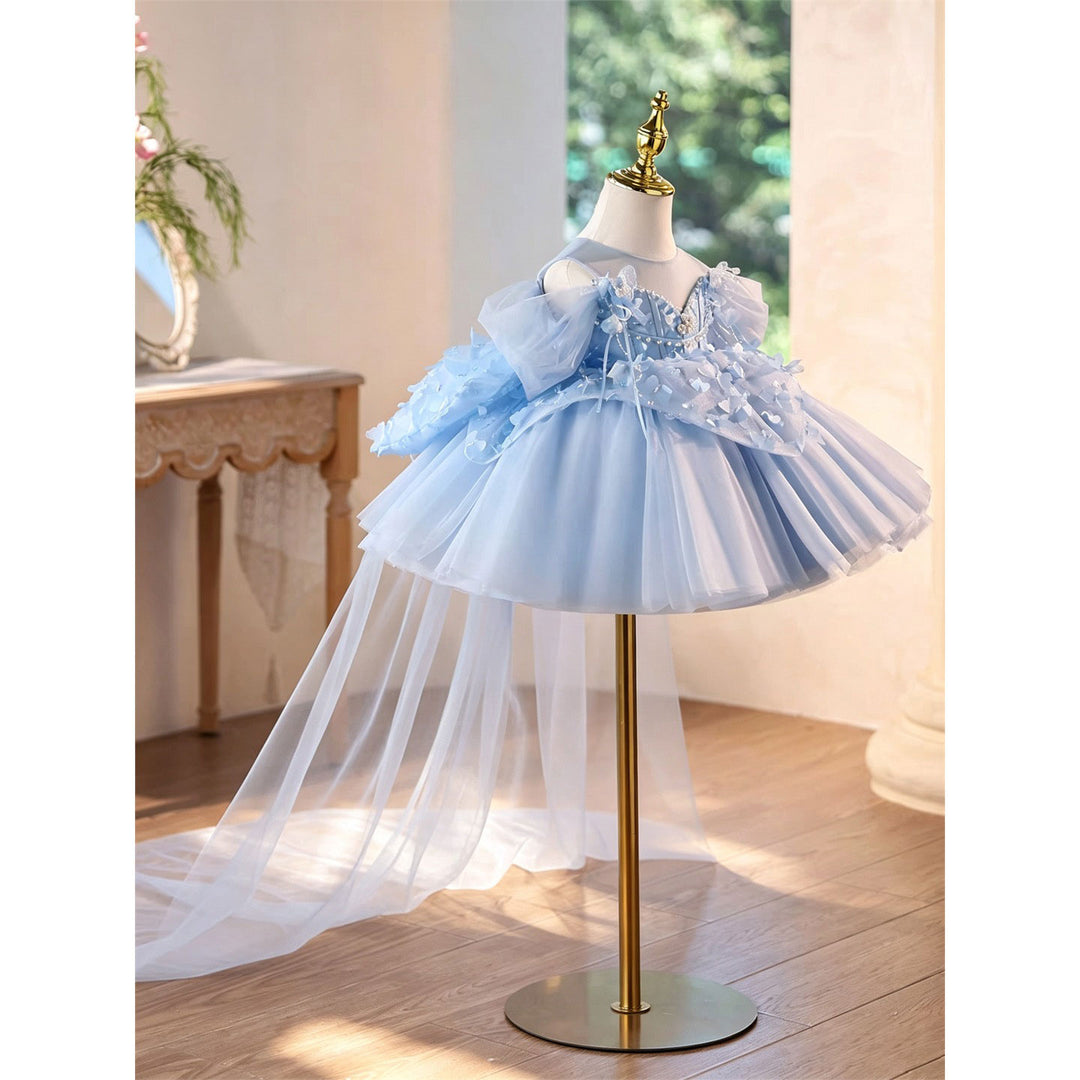 Luxury Blue 3D Floral Tulle Flower Girl Dress with Detachable Train D293B