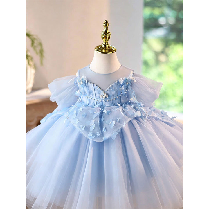Luxury Blue 3D Floral Tulle Flower Girl Dress with Detachable Train D293B
