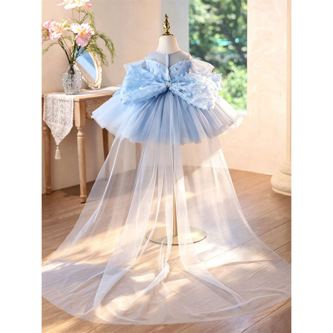 Luxury Blue 3D Floral Tulle Flower Girl Dress with Detachable Train D293B