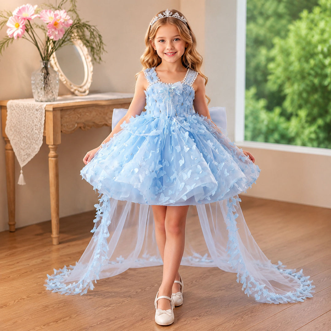 Luxury Blue 3D Butterfly Tulle Flower Girl Dress with Bow and Long Train D293C