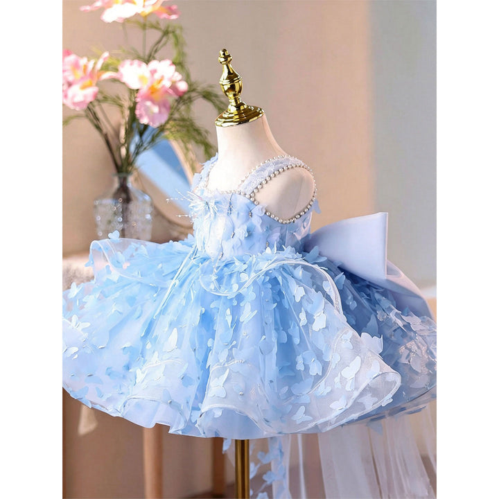Luxury Blue 3D Butterfly Tulle Flower Girl Dress with Bow and Long Train D293C