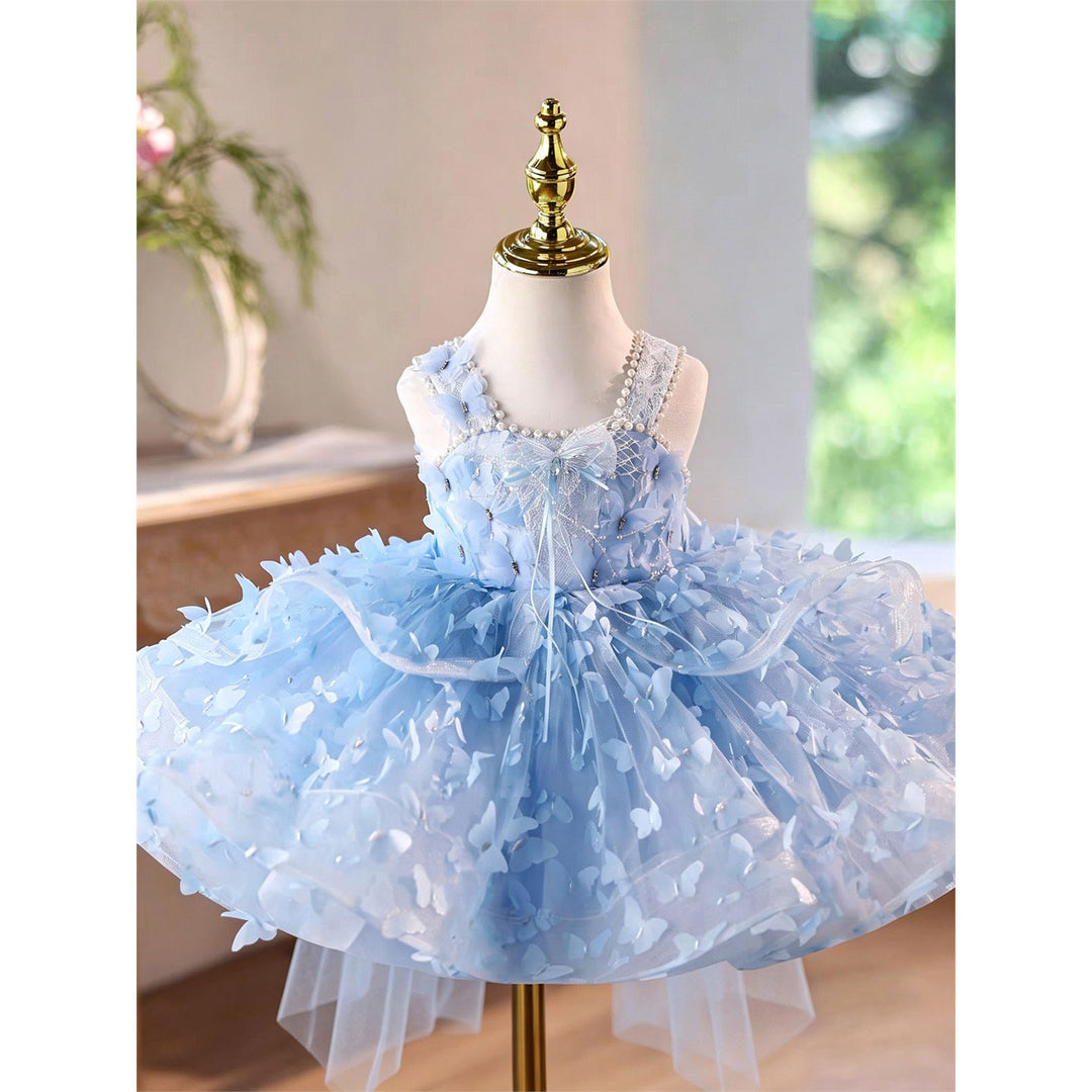 Luxury Blue 3D Butterfly Tulle Flower Girl Dress with Bow and Long Train D293C