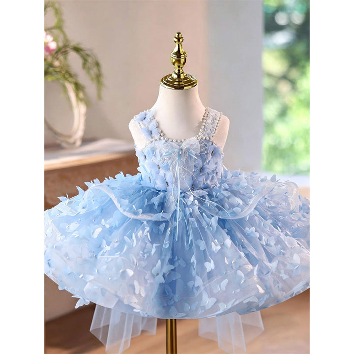 Luxury Blue 3D Butterfly Tulle Flower Girl Dress with Bow and Long Train D293C