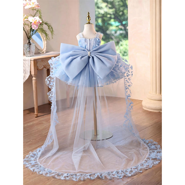 Luxury Blue 3D Butterfly Tulle Flower Girl Dress with Bow and Long Train D293C