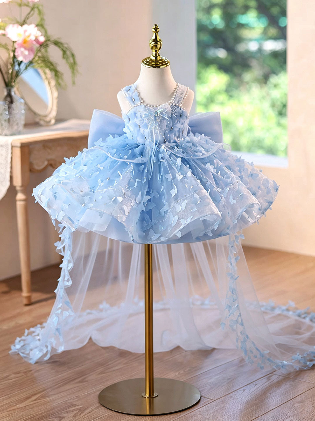 Luxury Blue 3D Butterfly Tulle Flower Girl Dress with Bow and Long Train D293C