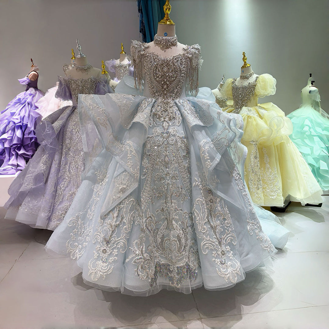 Ice Blue Crystal Beaded Tassel Embroidered Princess Wedding Ball Gown for Flower Girls Dress W106