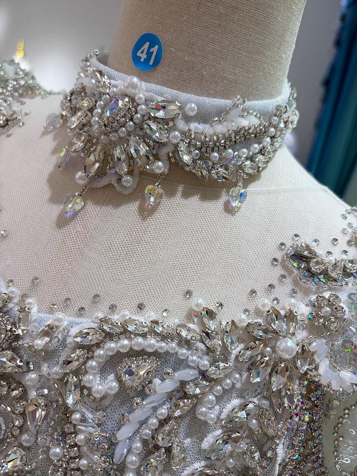 Ice Blue Crystal Beaded Tassel Embroidered Princess Wedding Ball Gown for Flower Girls Dress W106