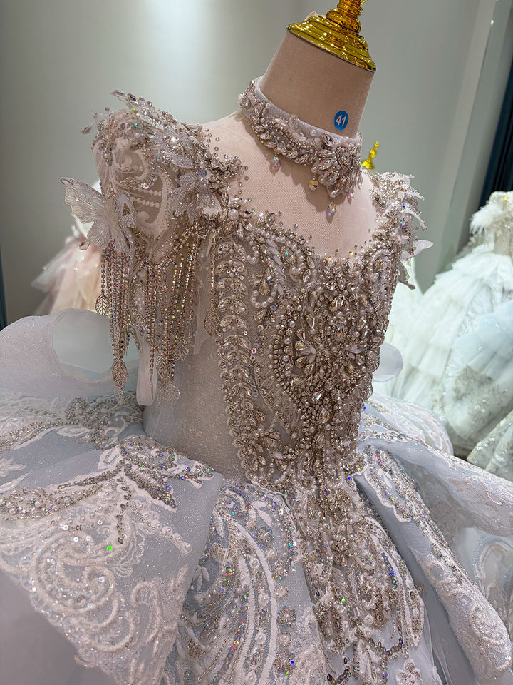 Ice Blue Crystal Beaded Tassel Embroidered Princess Wedding Ball Gown for Flower Girls Dress W106