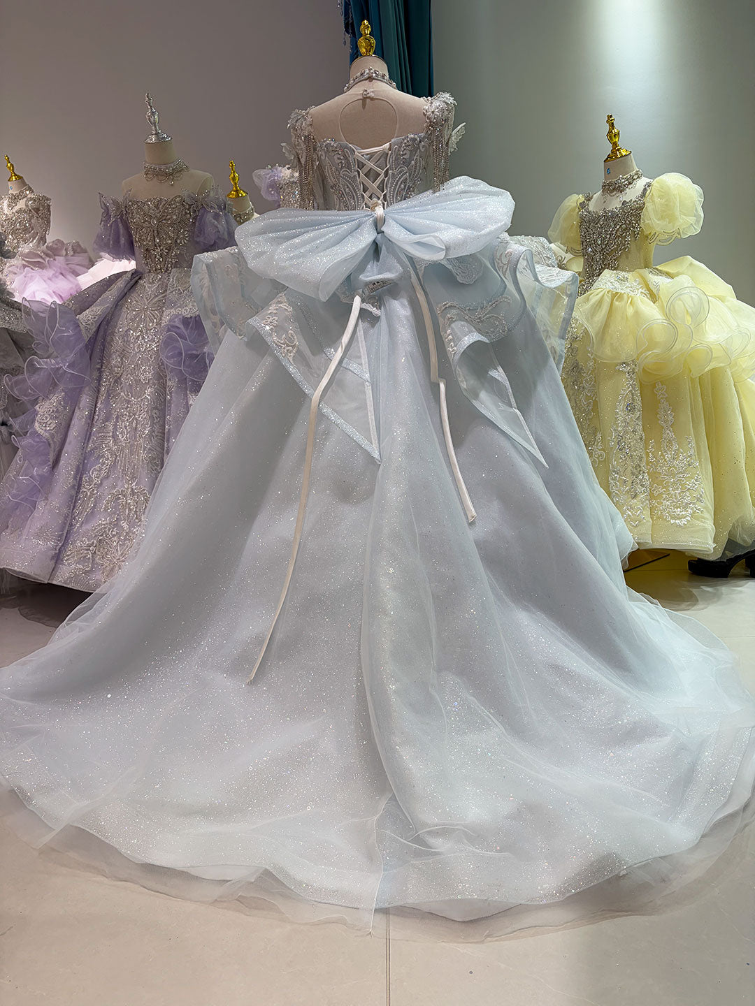 Ice Blue Crystal Beaded Tassel Embroidered Princess Wedding Ball Gown for Flower Girls Dress W106