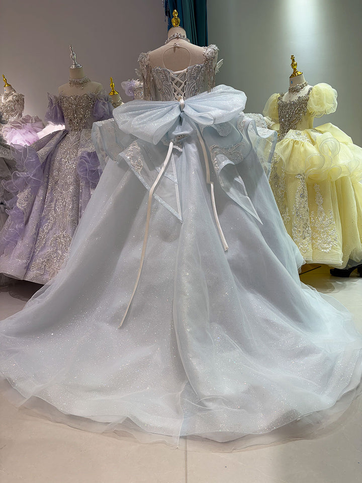 Ice Blue Crystal Beaded Tassel Embroidered Princess Wedding Ball Gown for Flower Girls Dress W106
