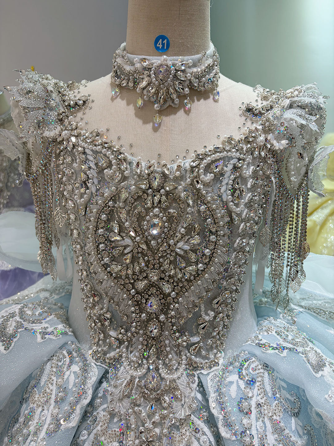 Ice Blue Crystal Beaded Tassel Embroidered Princess Wedding Ball Gown for Flower Girls Dress W106