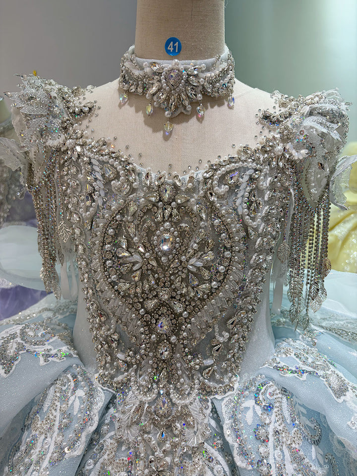 Ice Blue Crystal Beaded Tassel Embroidered Princess Wedding Ball Gown for Flower Girls Dress W106
