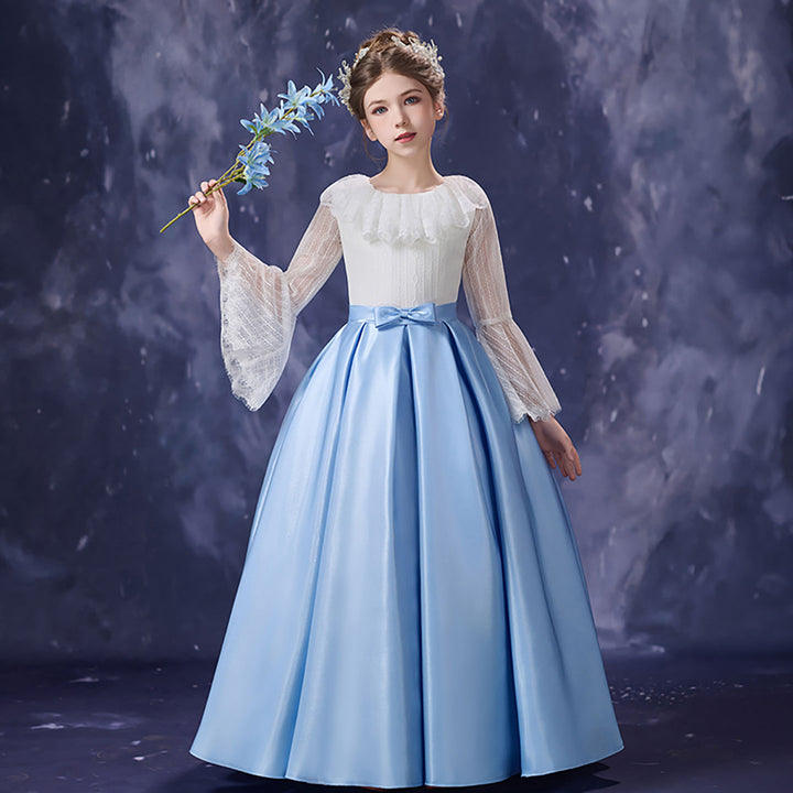 Royal Blue White Flower Girl Dress Lace Bell Sleeve Satin Tulle Party Gown D354