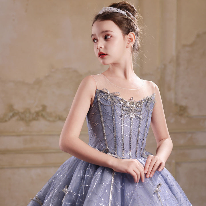 Royal Blue Flower Girl Dress Sparkly Sequin A-Line Tulle Princess Gown for Birthdays J059