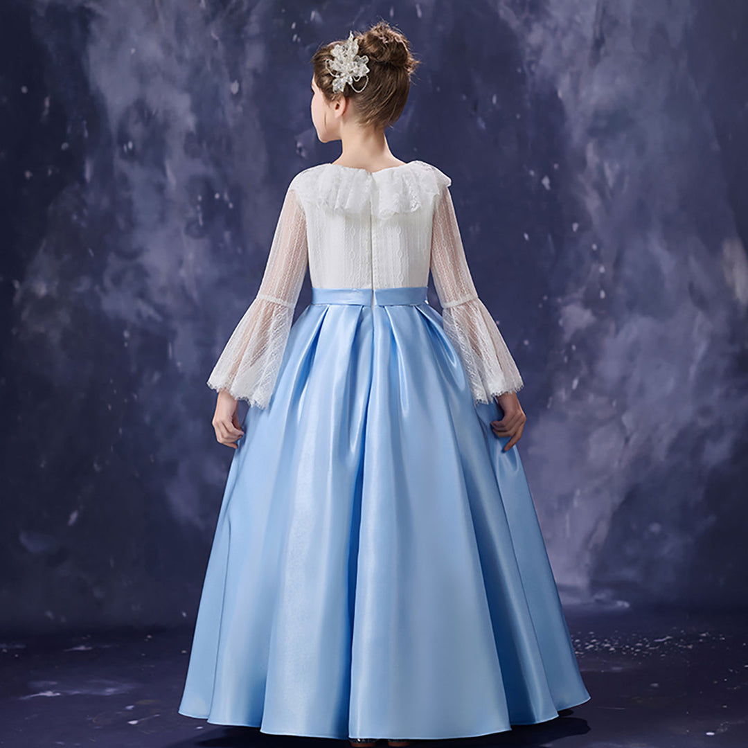 Royal Blue White Flower Girl Dress Lace Bell Sleeve Satin Tulle Party DreamyVow Royal Blue White Flower Girl Dress Lace Bell Sleeve Satin Tulle Party DreamyVow