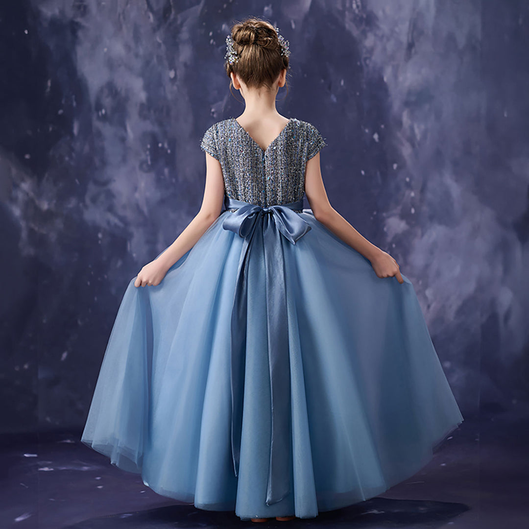 Romantic Dusty Blue Flower Girl Dress with Beaded Sequin Bodice Cap Sleeve Tulle Girls Birthday Gala Dress D356 Blue / child-10