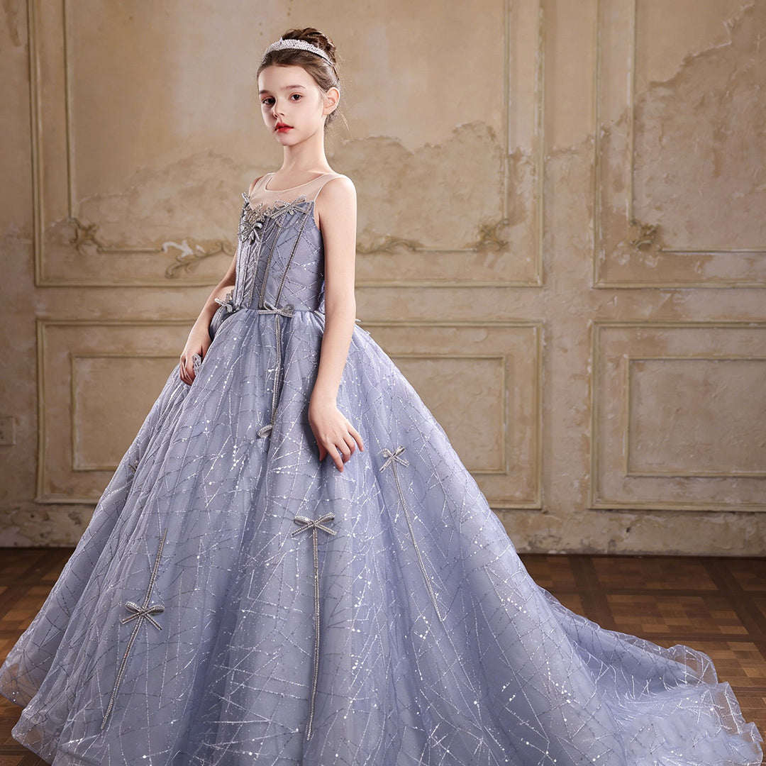 Royal Blue Flower Girl Dress Sparkly Sequin A-Line Tulle Princess Gown for Birthdays J059