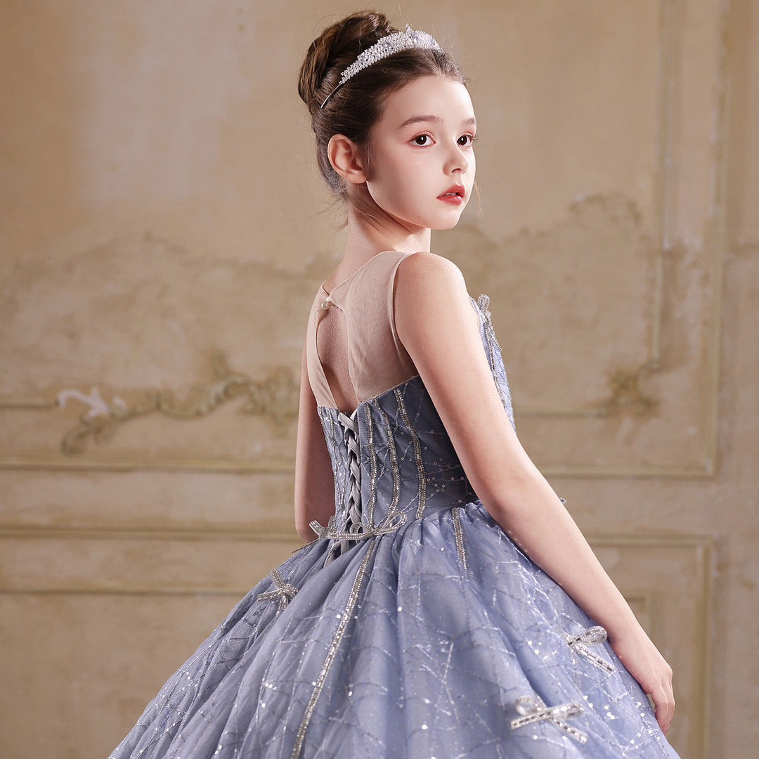 Royal Blue Flower Girl Dress Sparkly Sequin A-Line Tulle Princess Gown for Birthdays J059