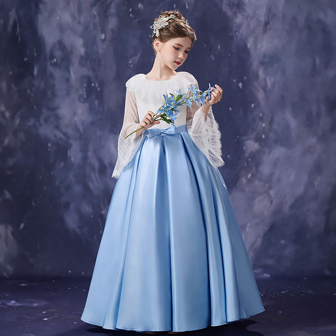 Royal Blue White Flower Girl Dress Lace Bell Sleeve Satin Tulle Party DreamyVow Royal Blue White Flower Girl Dress Lace Bell Sleeve Satin Tulle Party DreamyVow