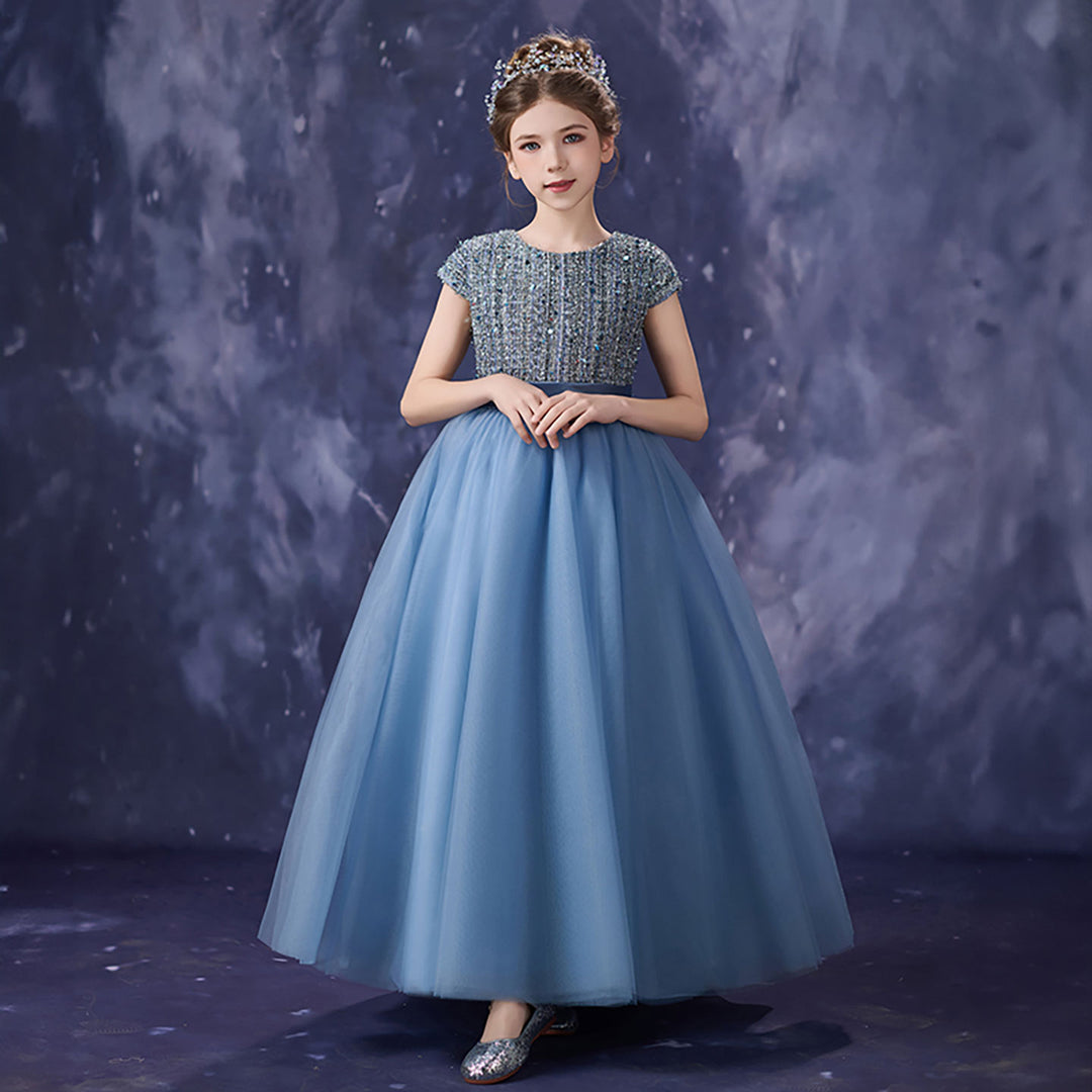 Romantic Dusty Blue Flower Girl Dress with Beaded Sequin Bodice Cap Sleeve Tulle Girls Birthday Gala Dress D356 Blue / child-10