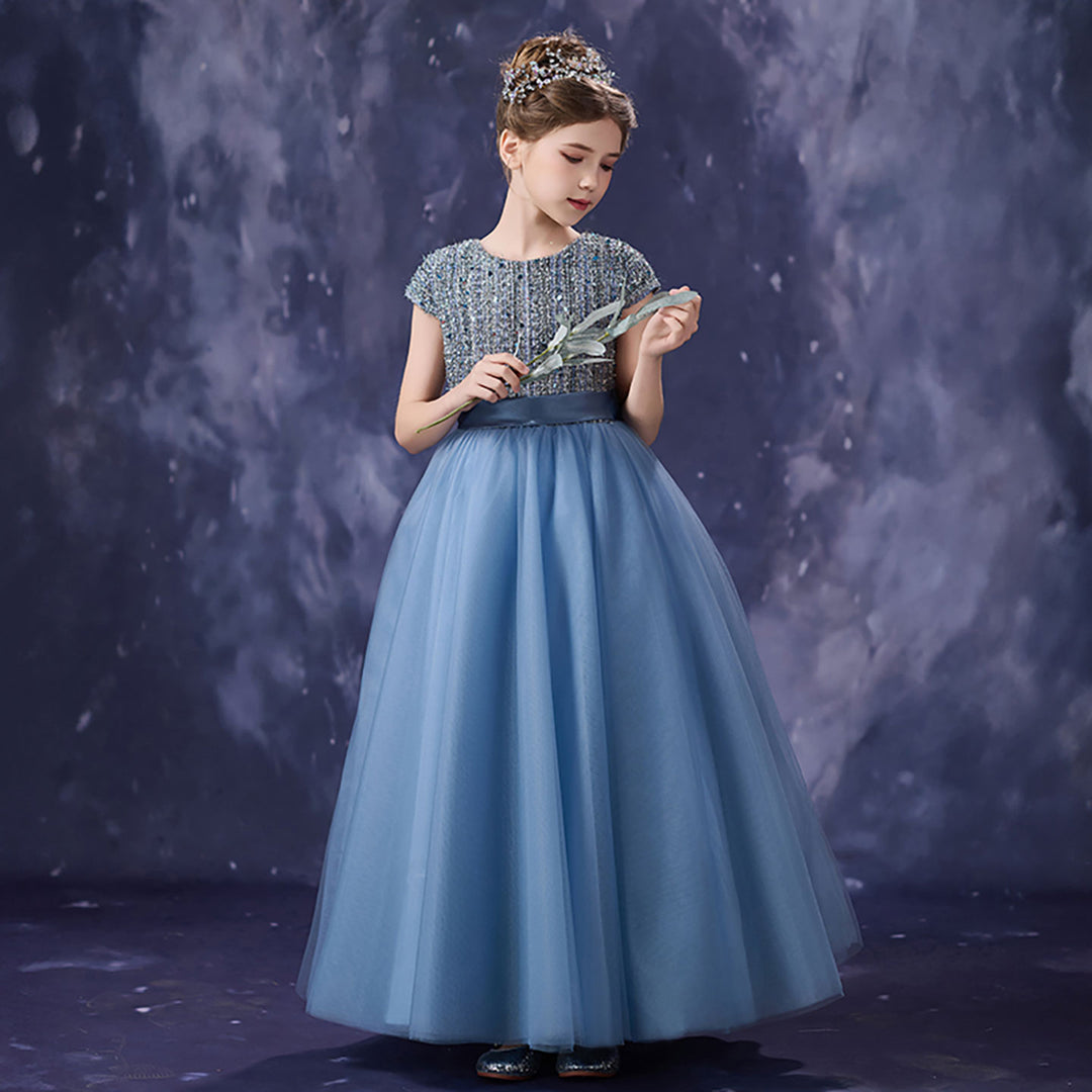 Romantic Dusty Blue Flower Girl Dress with Beaded Sequin Bodice Cap Sl DreamyVow Romantic Dusty Blue Flower Girl Dress with Beaded Sequin Bodice Cap Sl DreamyVow