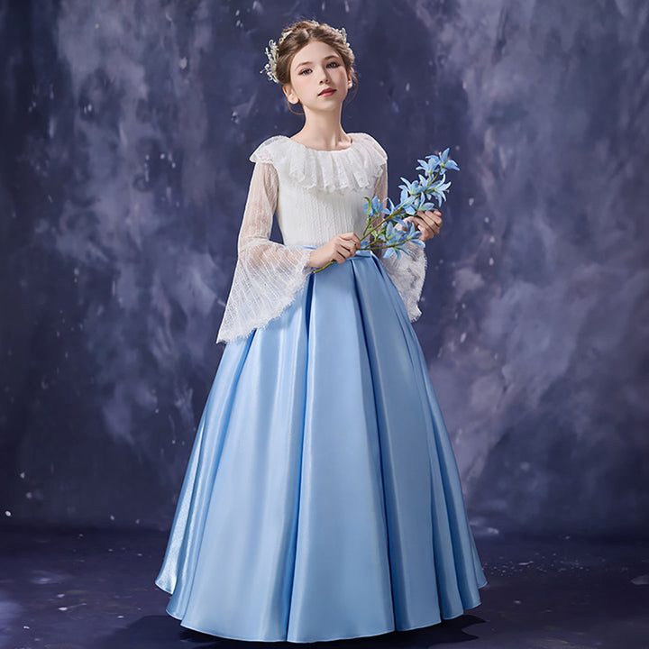 Royal Blue White Flower Girl Dress Lace Bell Sleeve Satin Tulle Party Gown D354