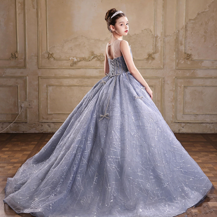 Royal Blue Flower Girl Dress Sparkly Sequin A-Line Tulle Princess Gown for Birthdays J059