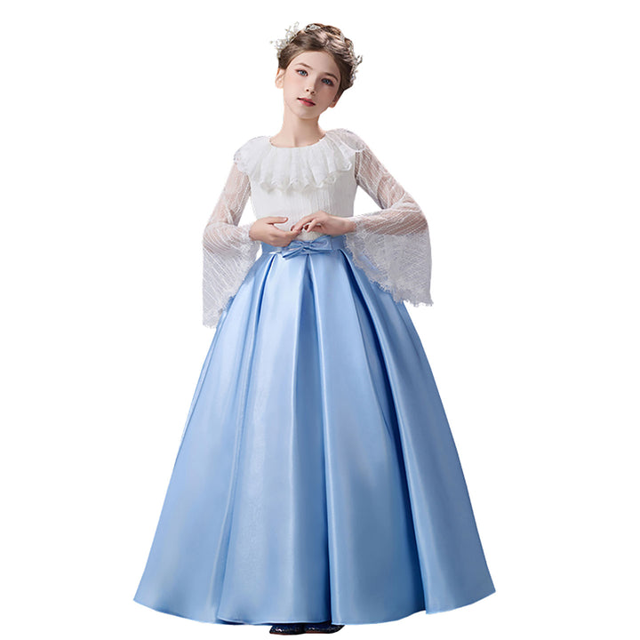 Royal Blue White Flower Girl Dress Lace Bell Sleeve Satin Tulle Party Gown D354