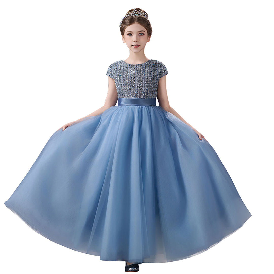 Romantic Dusty Blue Flower Girl Dress with Beaded Sequin Bodice Cap Sl – DreamyVow Romantic Dusty Blue Flower Girl Dress with Beaded Sequin Bodice Cap Sl – DreamyVow