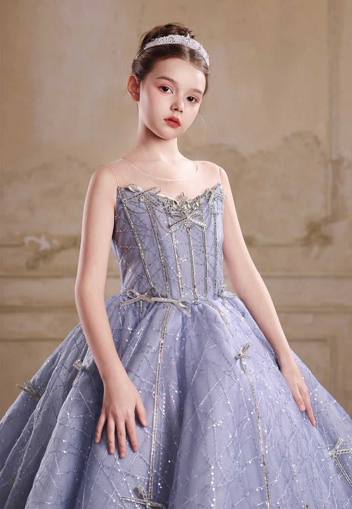 Royal Blue Flower Girl Dress Sparkly Sequin A-Line Tulle Princess Gown for Birthdays J059