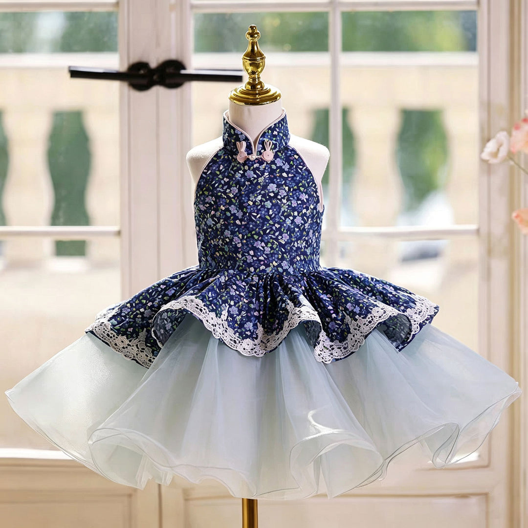 Elegant Blue Flower Girl Dress with Halter Neck Floral Print Layered Ruffle Tulle Girls Birthday Party Gown D286 Blue / child-10
