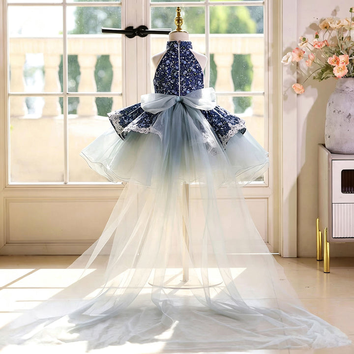 Elegant Blue Flower Girl Dress with Halter Neck Floral Print Layered Ruffle Tulle Girls Birthday Party Gown D286